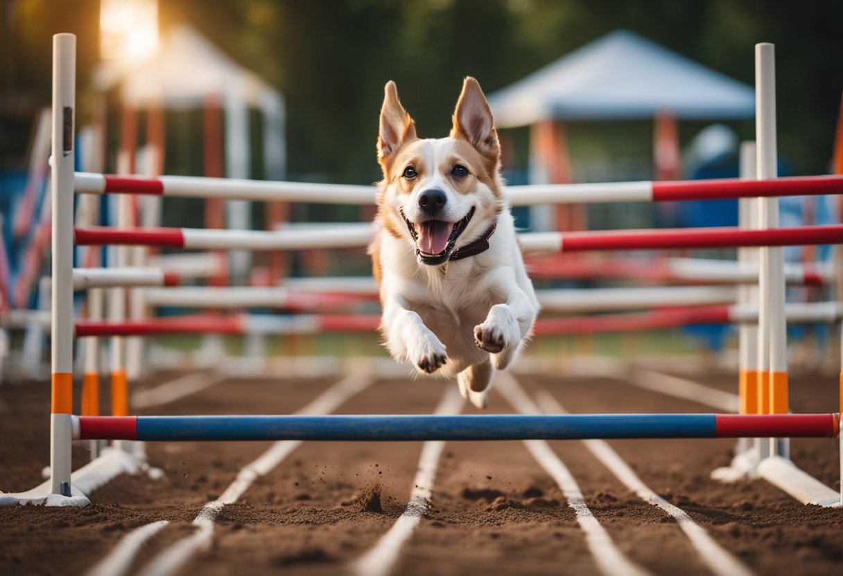 A dog running through an agility course, jumping over hurdles and weaving through poles, with a joyful expression and wagging tail