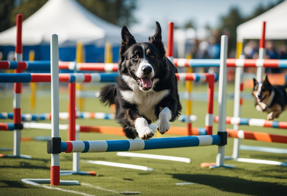 Dogs running through agility course, jumping over hurdles, weaving through poles, and retrieving objects. Excitement and determination evident in their focused expressions