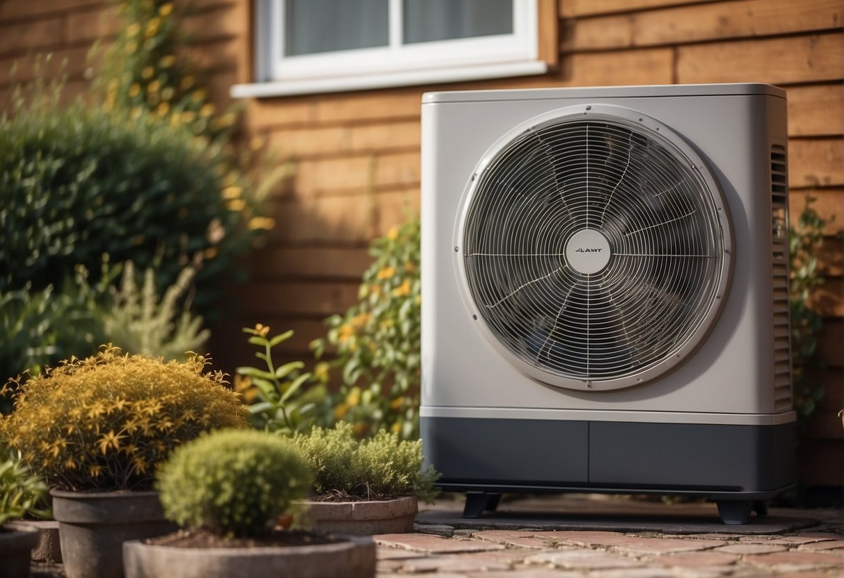 A heat pump sits outside a house, absorbing warmth from the air. Inside, it releases the heat, warming the space. Energy-efficient and eco-friendly