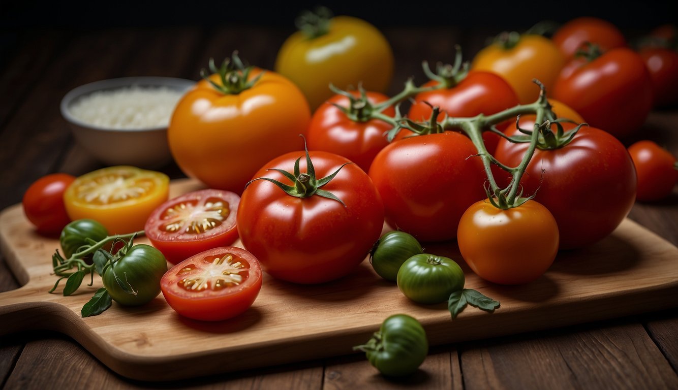 A variety of tomatoes, including cherry, beefsteak, and roma, are arranged on a cutting board. Each tomato is labeled with its nutritional profile