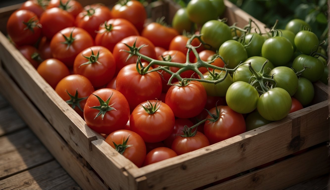 Ripe red and plump tomatoes sit in a wooden crate, varying in size and shape, with green stems and smooth, shiny skin