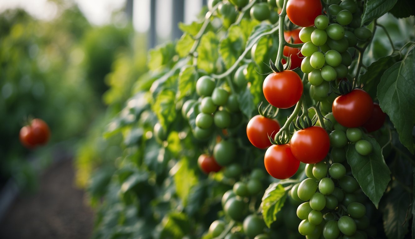Lush green vines bear ripe, red tomatoes of various sizes, hanging from the plant against a backdrop of vibrant green leaves
