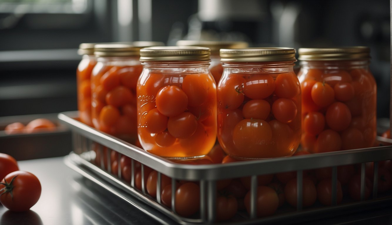 Ripe tomatoes are being carefully packed into glass jars, sealed with lids, and placed in a boiling water bath for preservation