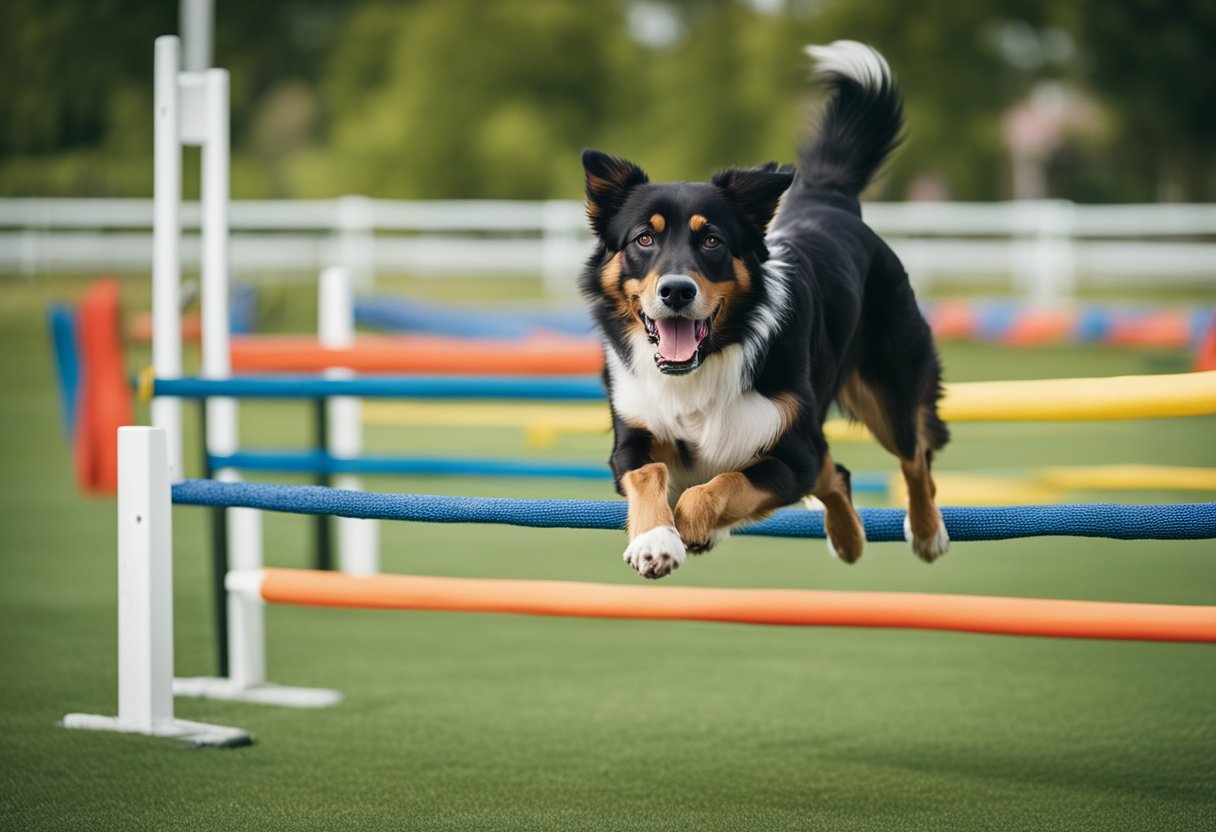 Dogs running through agility course, jumping over hurdles and weaving through poles. Fetching frisbees and playing tug-of-war with ropes