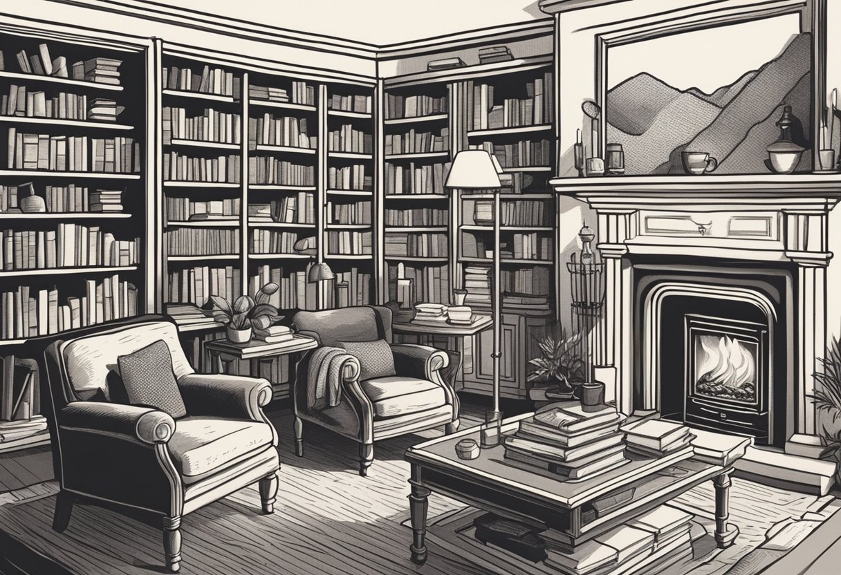 A cozy living room with a bookshelf filled with old novels, a vintage armchair, and a warm fireplace