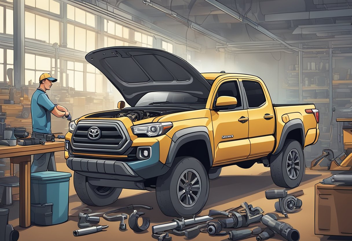 The mechanic is repairing the exhaust system of a Toyota Tacoma, carefully inspecting and replacing damaged components. Tools and replacement parts are scattered on the workbench