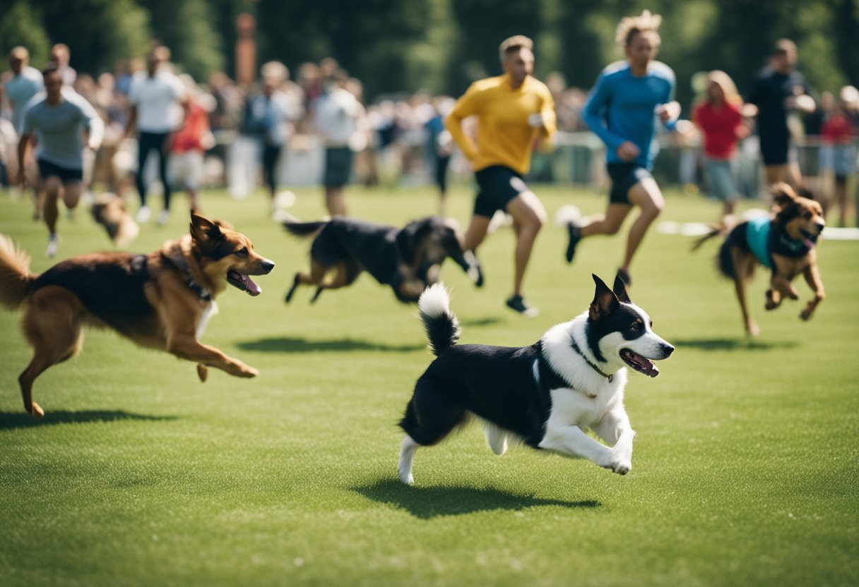 Dogs running, jumping, and catching frisbees in a grassy field. Agility obstacles and a crowd of spectators in the background