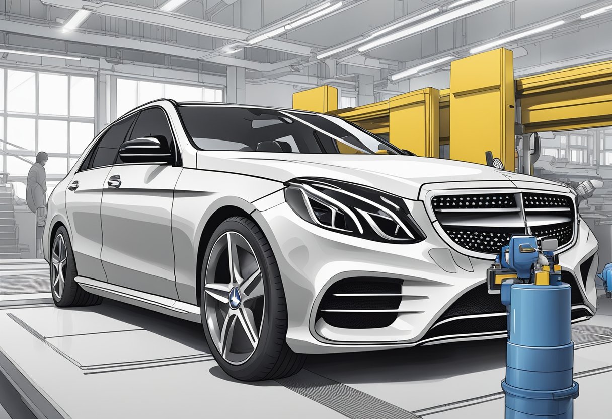 A new radiator for a Mercedes-Benz E-Class is being installed, with the cost of replacement being 37. This scene could be depicted by an illustrator to showcase the process