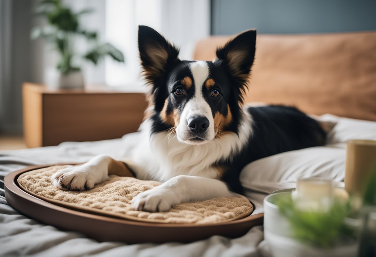 A dog lying on a comfortable bed, with a cooling pad or compress on its irritated skin, surrounded by calming essential oils and herbal remedies