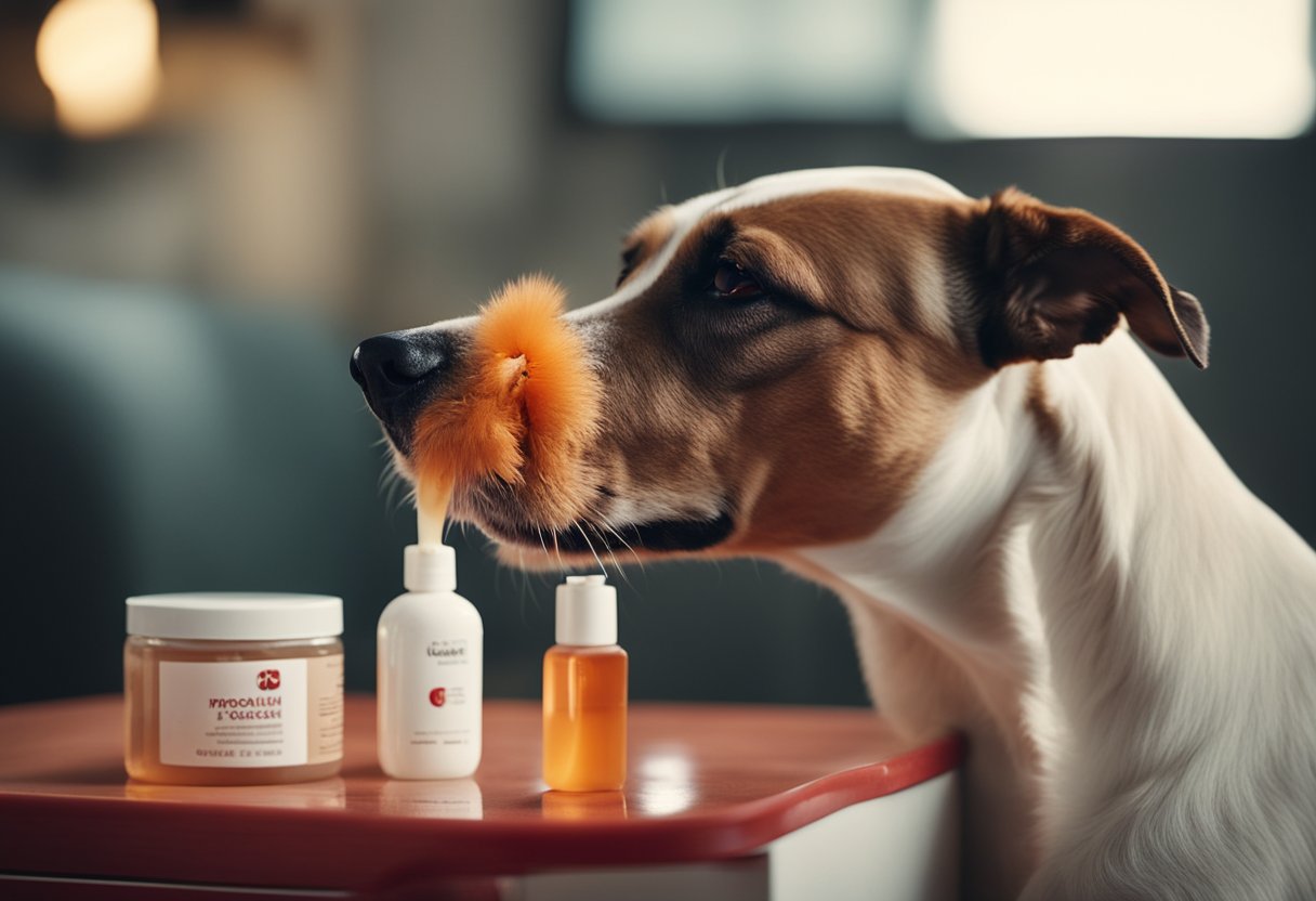 A dog with red, inflamed skin on its back, scratching and licking a hot spot. A bottle of medicated shampoo and a soothing cream are on the table