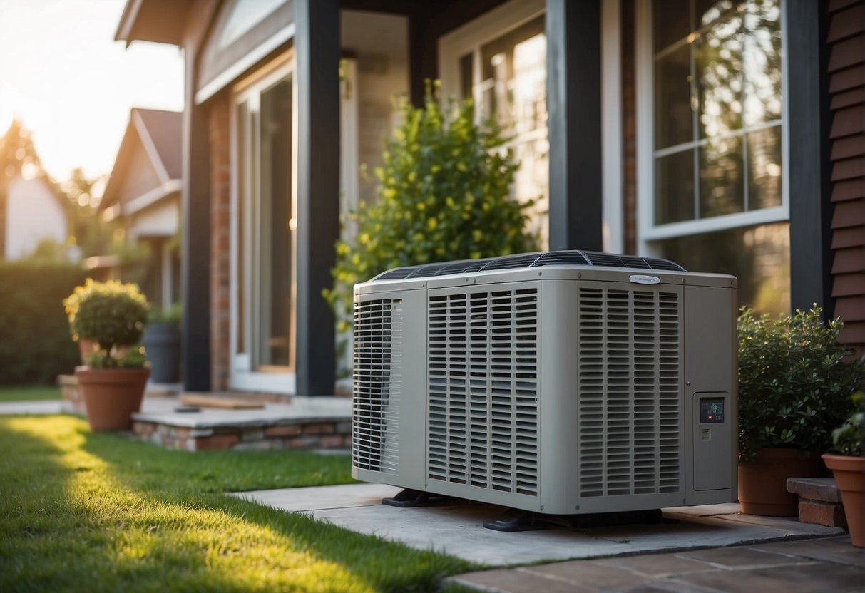 A heat pump sits outside a cozy home, efficiently transferring heat from the outside air to warm the interior. It provides consistent, cost-effective heating while reducing carbon emissions