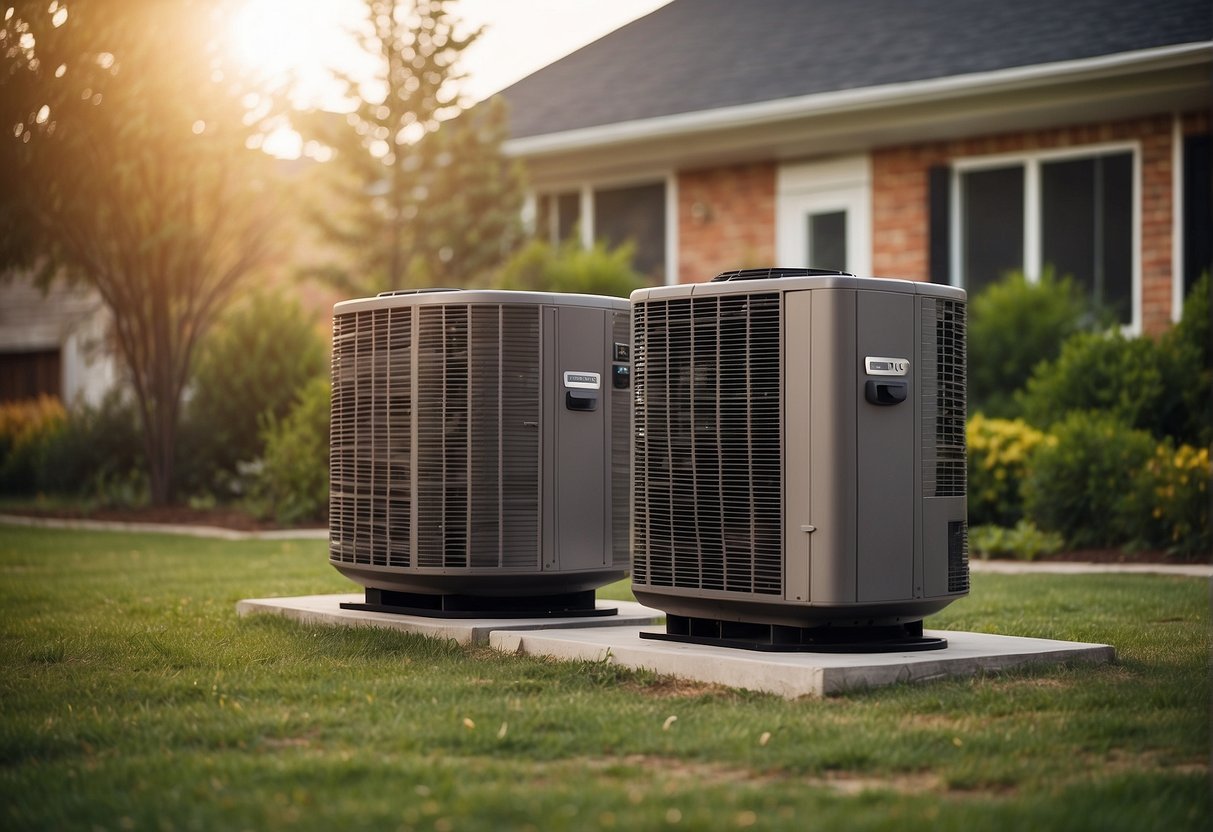 A heat pump sits outside a cozy home, with arrows pointing to pros and cons floating above. A dollar sign represents cost considerations