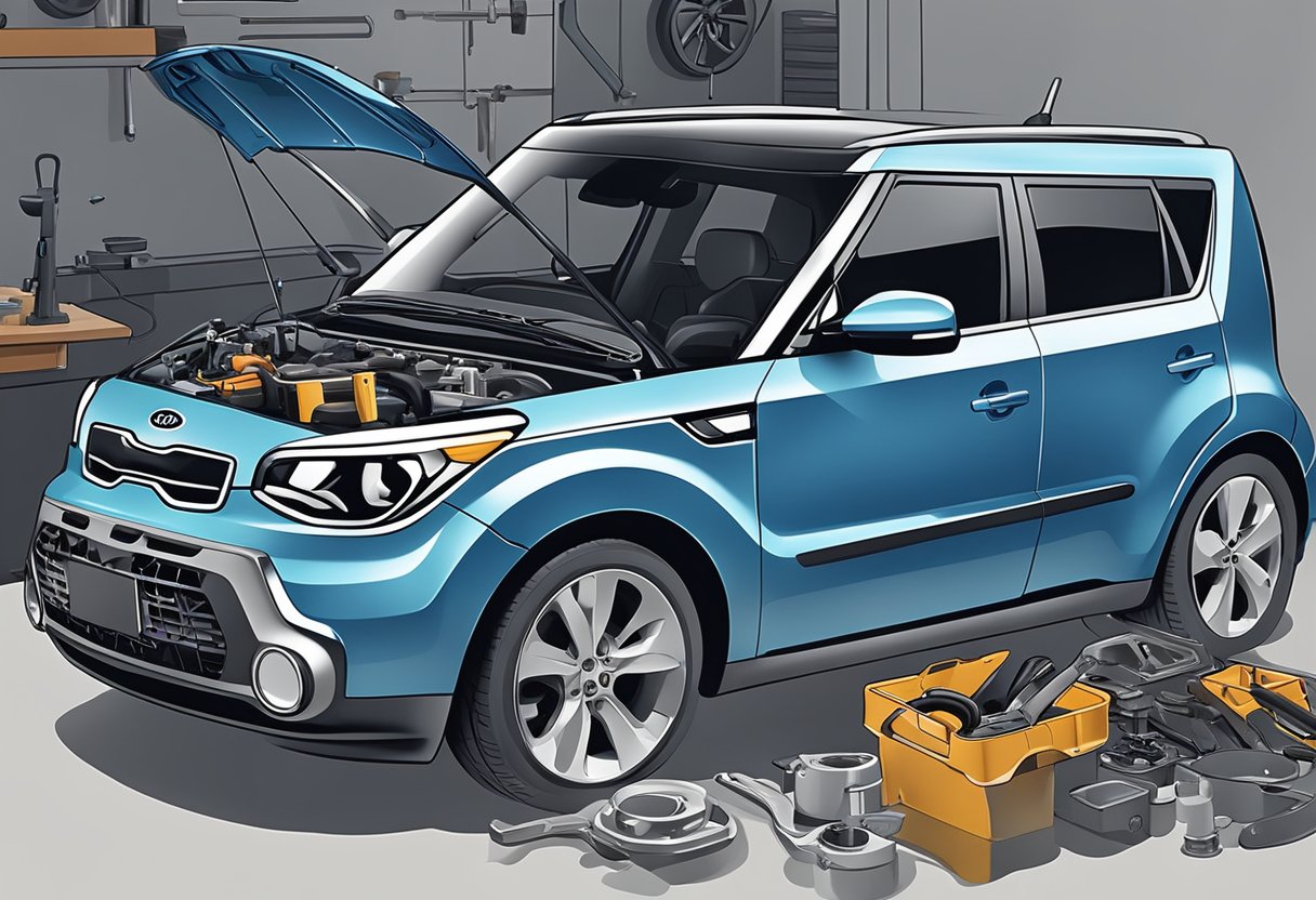 A mechanic replaces the oil pan on a Kia Soul, with tools and parts scattered around the work area