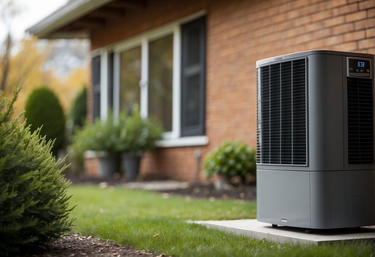 A heat pump sits outside a cozy home, quietly extracting warmth from the air to efficiently heat the interior. Nearby, a traditional furnace emits visible exhaust, highlighting its less eco-friendly nature