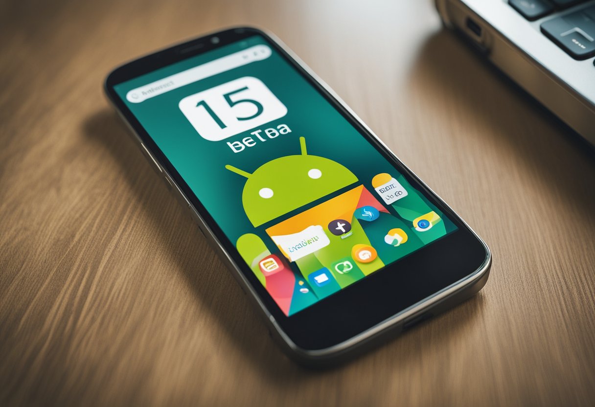 A smartphone displaying the Android 15 beta download page with a progress bar indicating installation