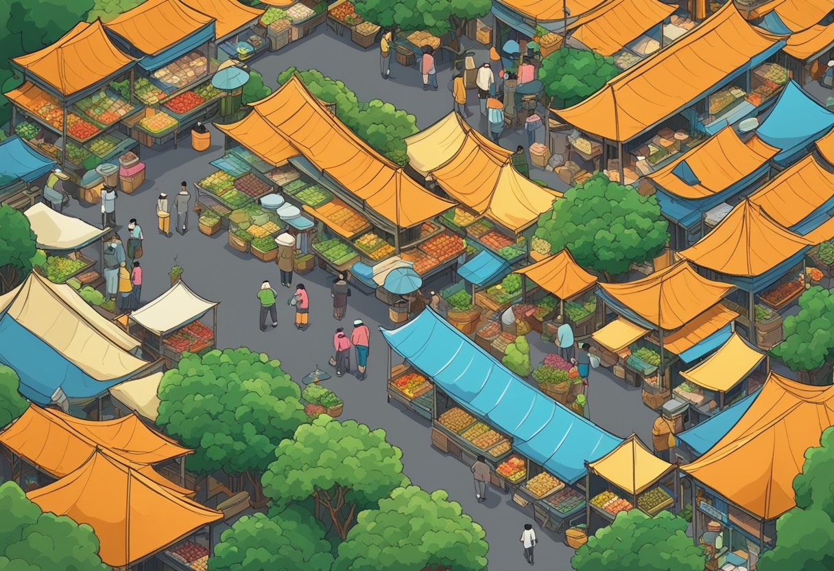 A bustling Vietnamese market with vendors selling goods, surrounded by traditional houses and lush greenery