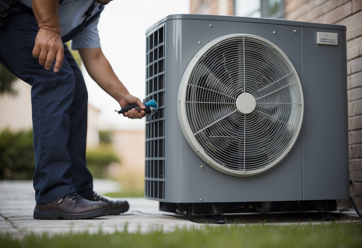 A heat pump extracting heat from outdoor air and transferring it into a building, while a technician checks the efficiency factors