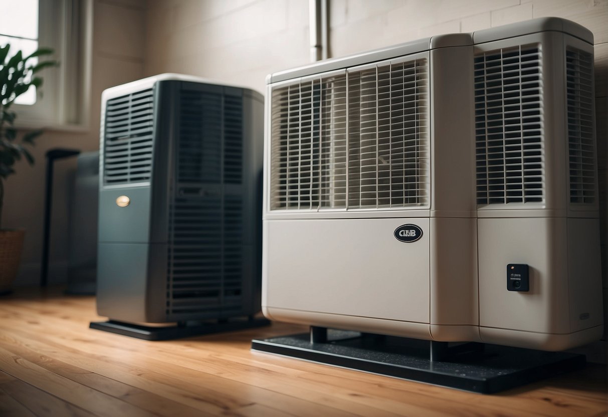 A heat pump surrounded by factors like temperature, insulation, and system maintenance, impacting its efficiency