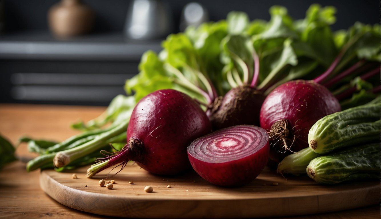 A vibrant beetroot sits on a cutting board, surrounded by other fresh vegetables. Nutritional information is displayed next to it