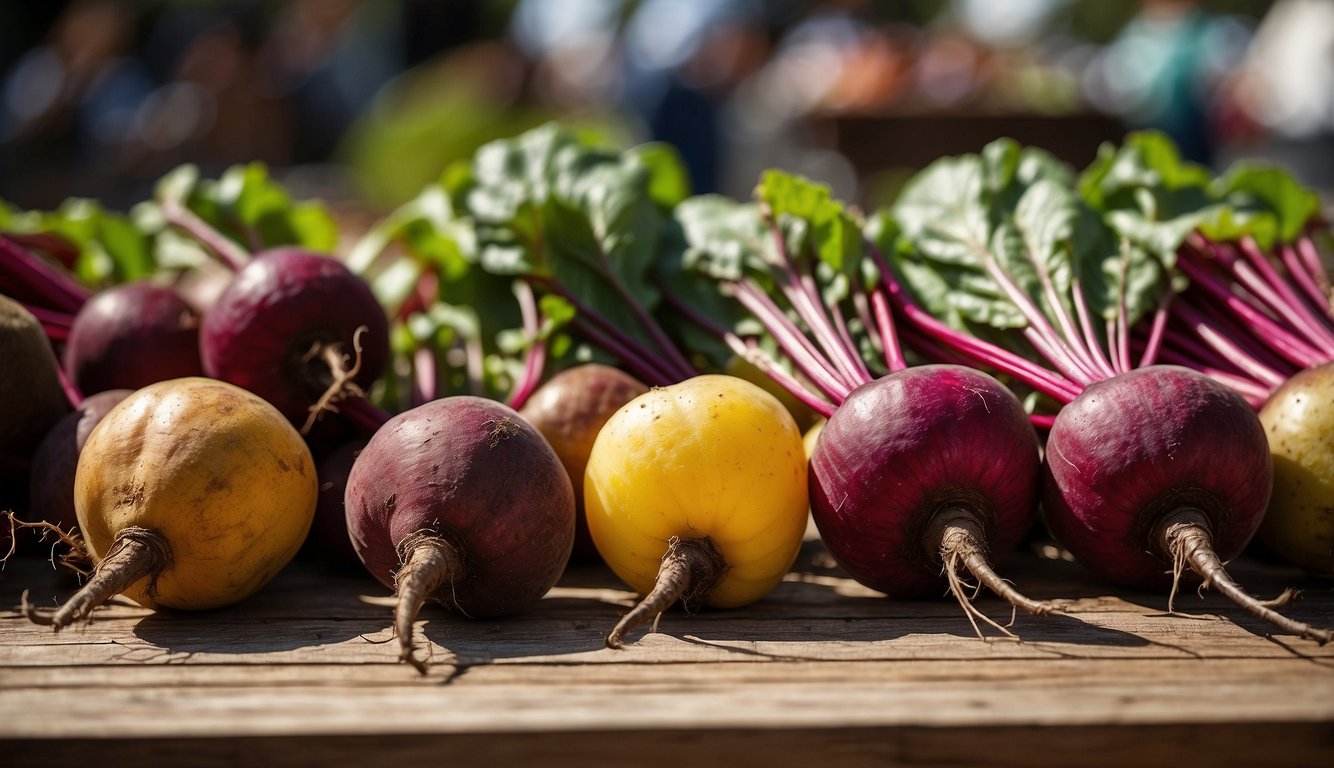 A colorful array of beet varieties displayed on a wooden table at a farmers' market