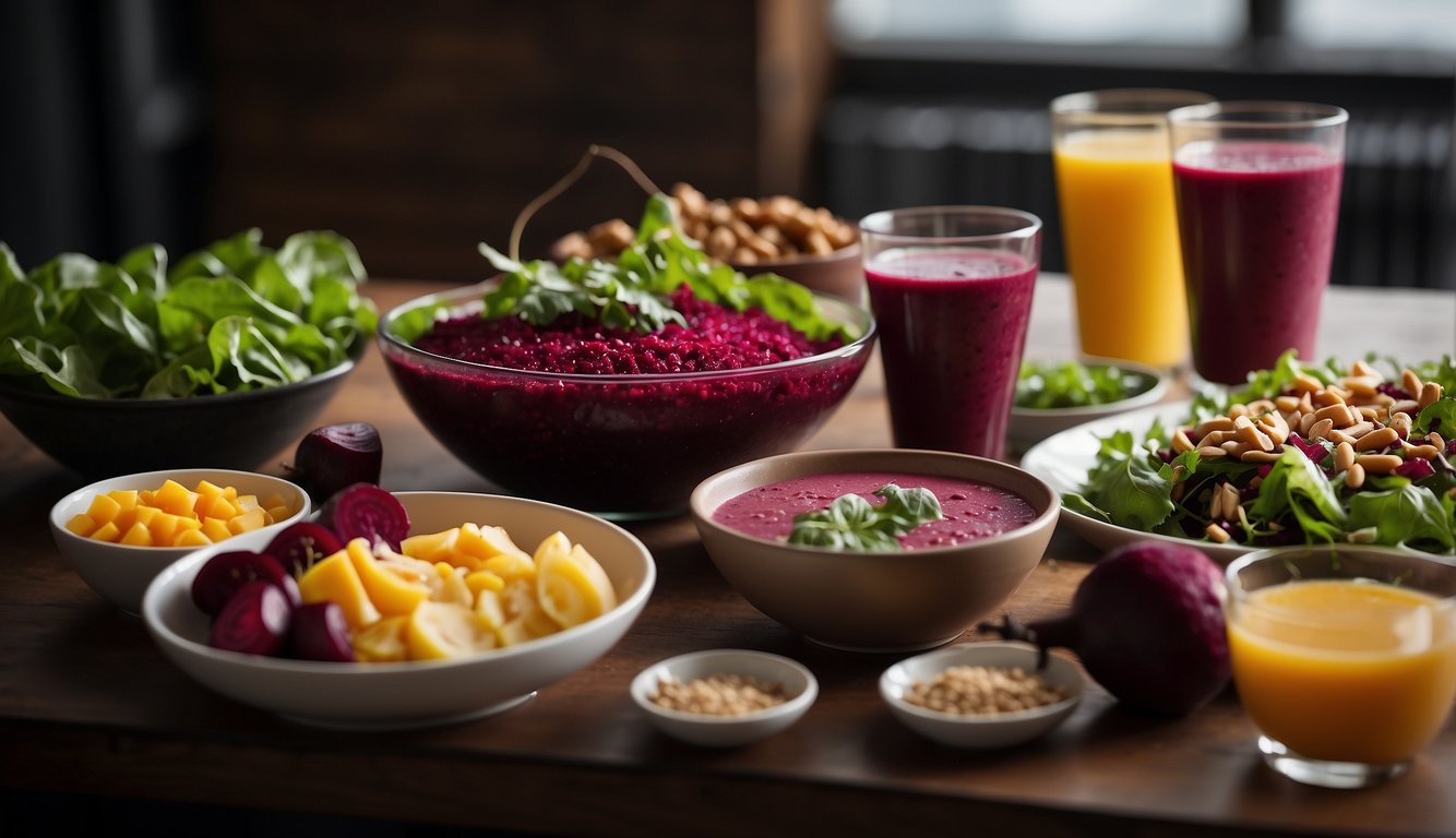 A table with various dishes, including a salad with sliced beets, a smoothie with beet juice, and a roasted beet side dish