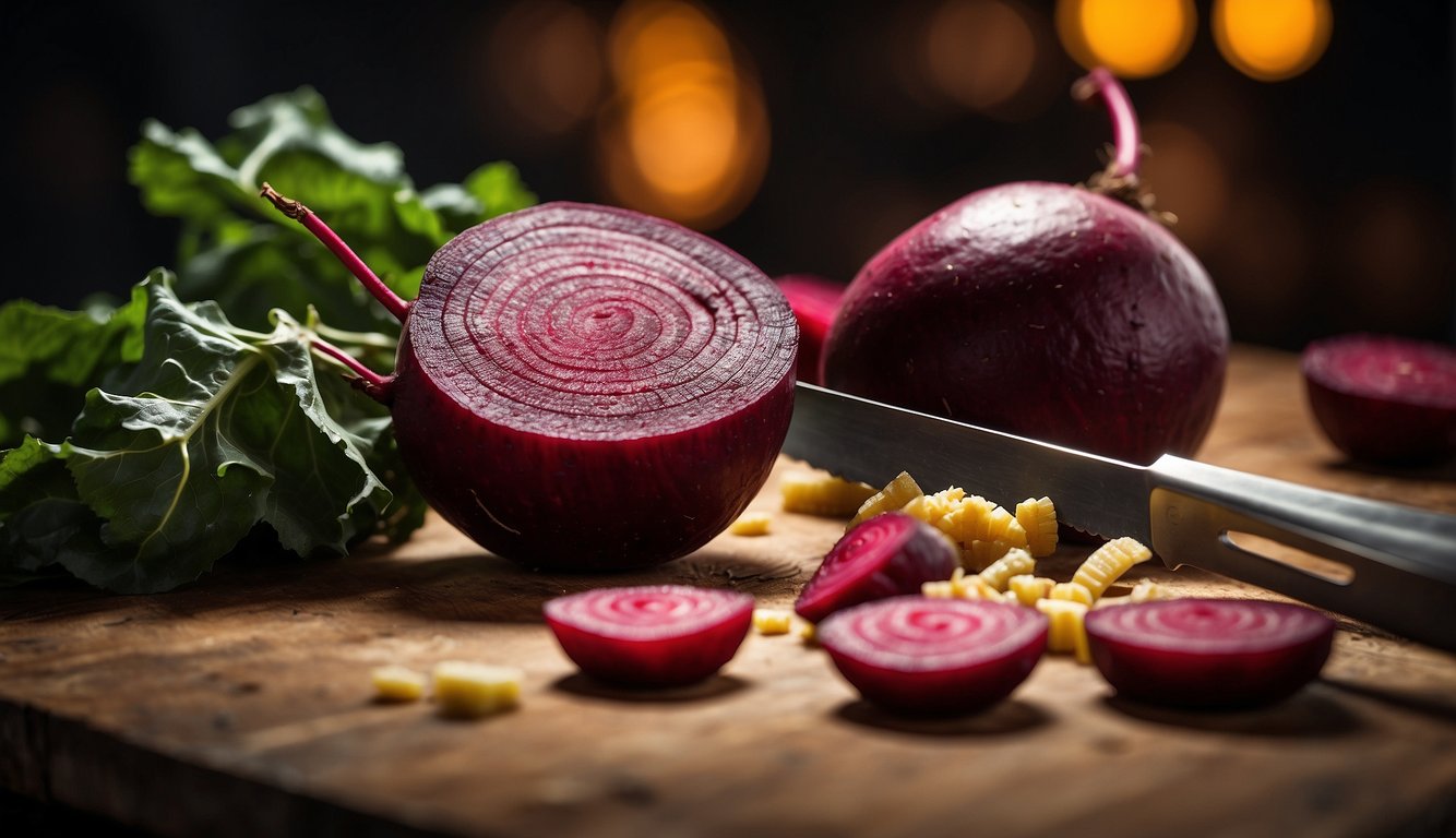 A knife slicing through a raw beet, with a caution sign nearby