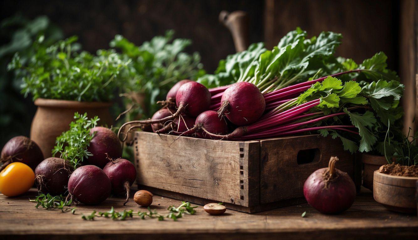 Beets are arranged in a rustic wooden crate, surrounded by various herbs and plants. A mortar and pestle sits nearby, hinting at their traditional medicinal use