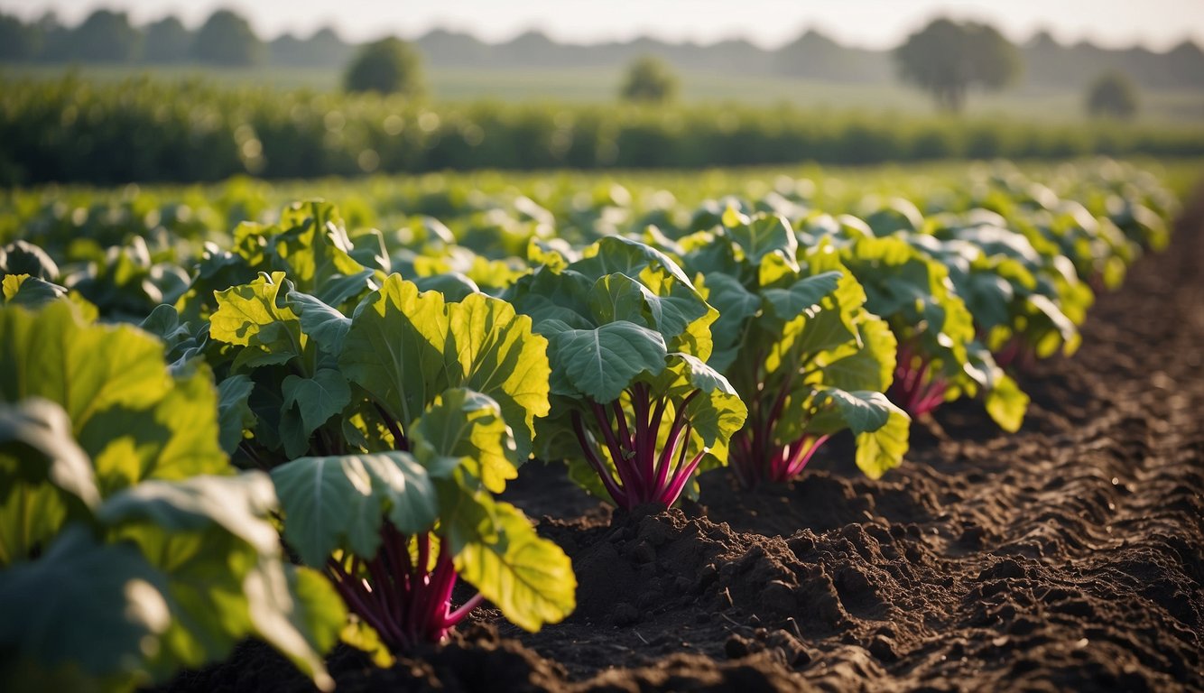Lush beet fields surrounded by diverse crops, with irrigation systems and compost piles, showcasing sustainable agricultural practices