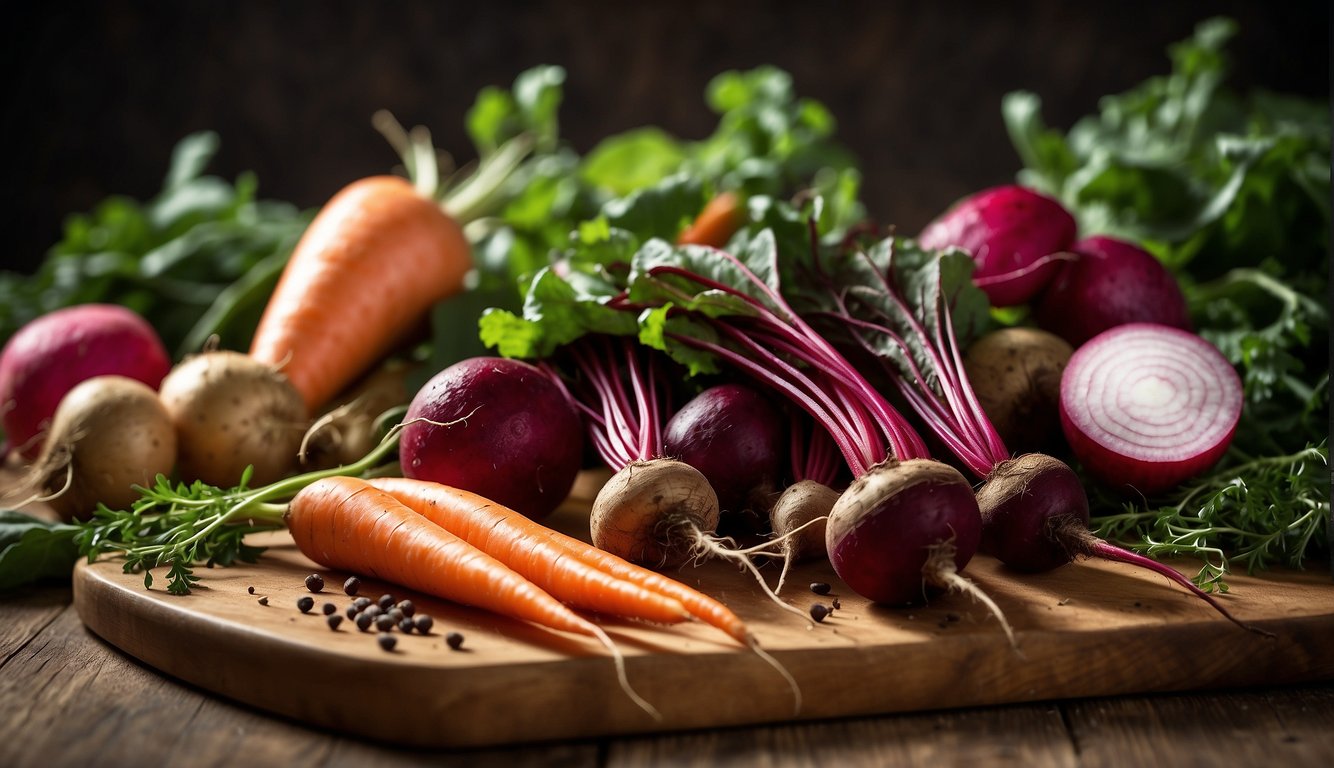 A colorful array of beets, carrots, and radishes, arranged on a wooden cutting board with fresh herbs and spices nearby