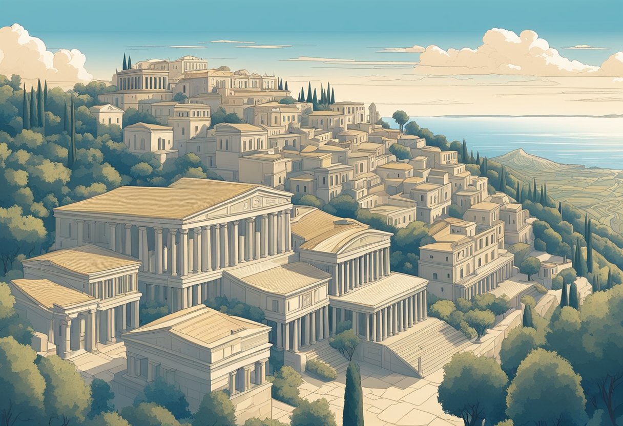 Ancient Greek cityscape with marble buildings, olive groves, and a clear blue sky