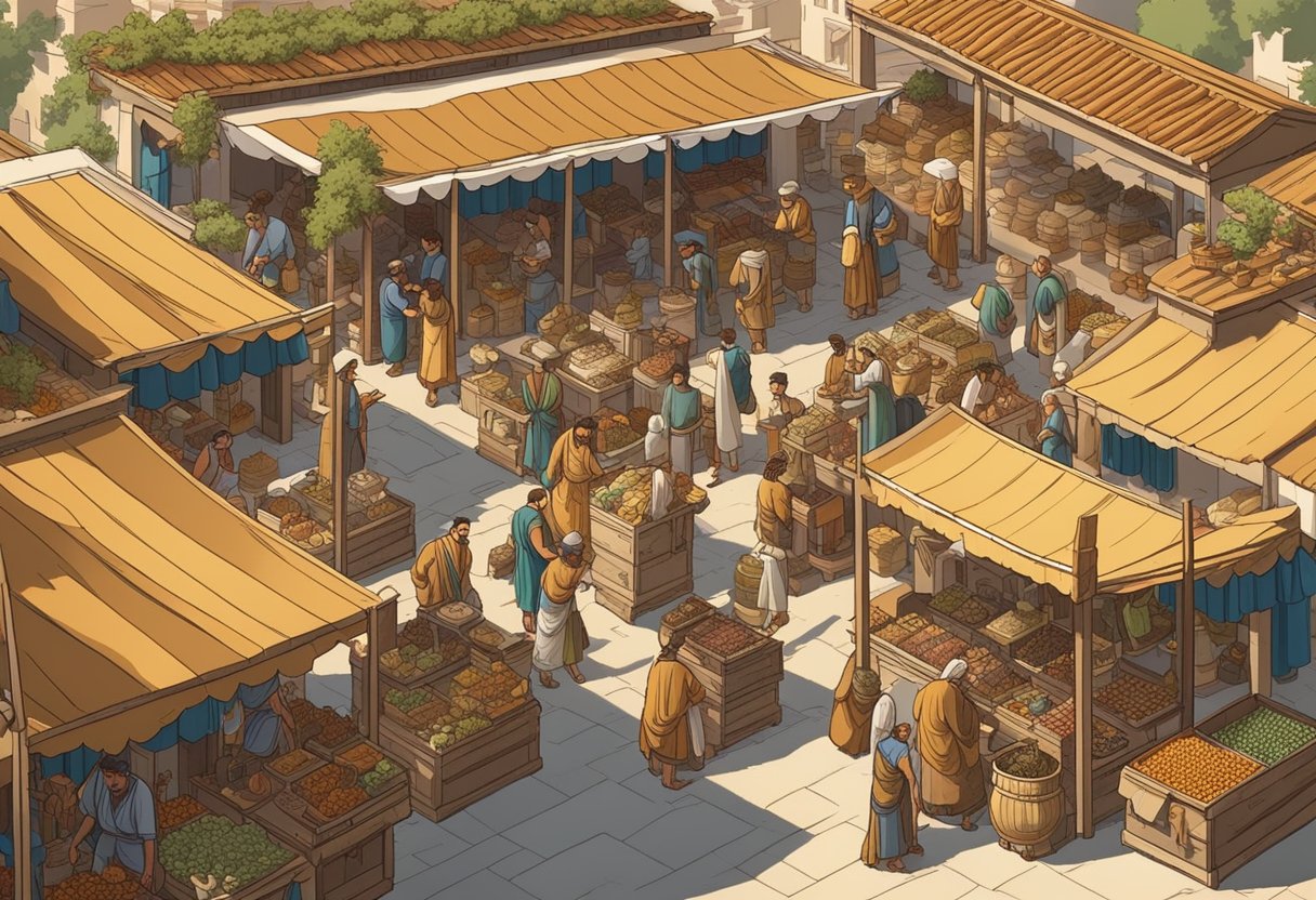 An ancient Greek marketplace bustles with activity, as merchants barter and tradesmen display their wares. The sound of chatter and the aroma of exotic spices fill the air