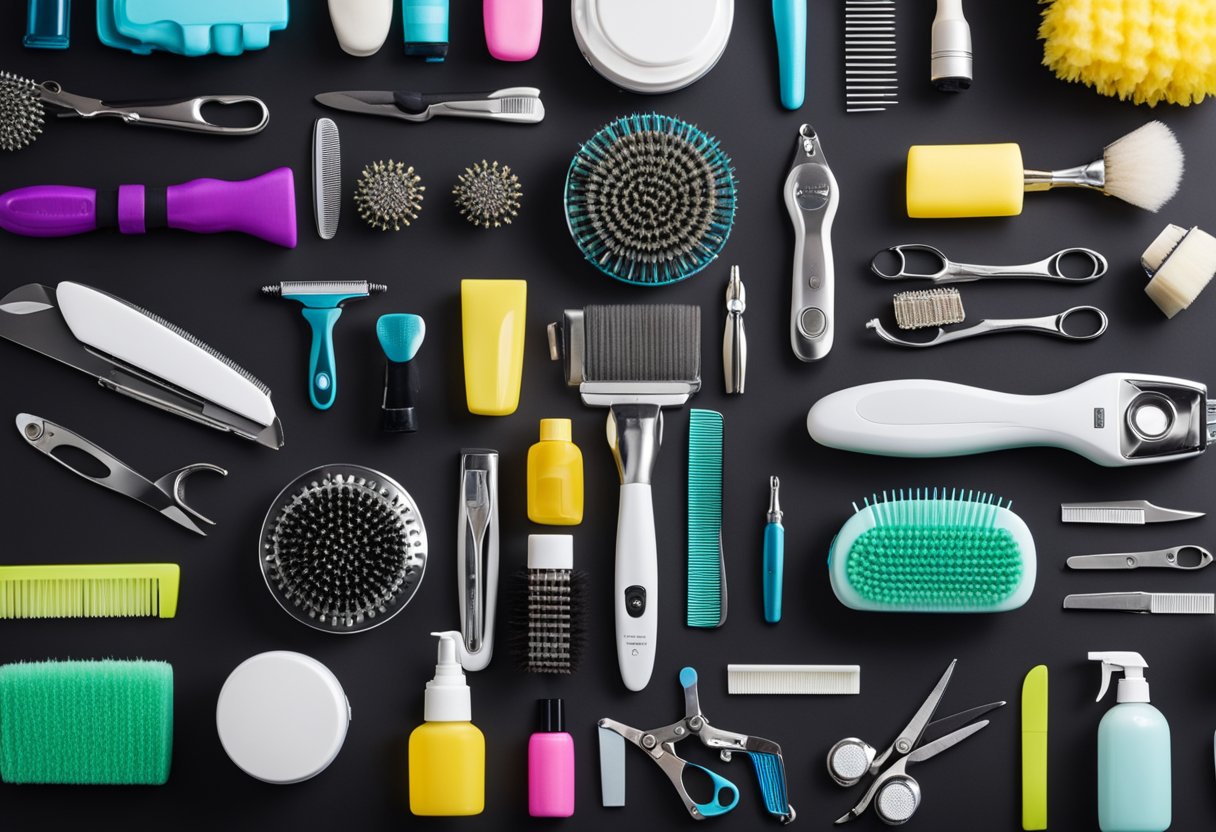 A variety of dog grooming products neatly arranged on a table, including brushes, shampoos, and nail clippers