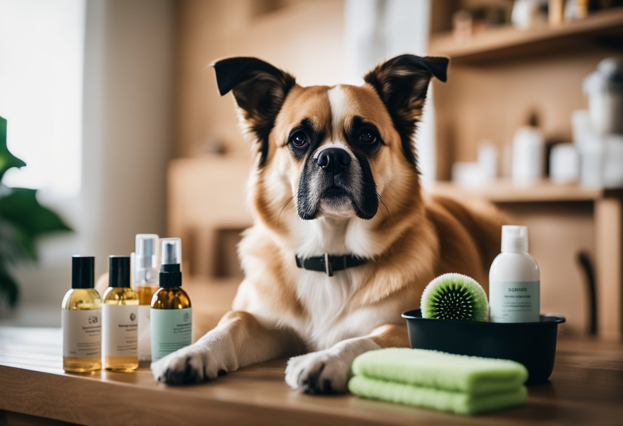 A dog sitting next to a variety of grooming products, including brushes, combs, shampoo, and towels, with a focused and attentive expression