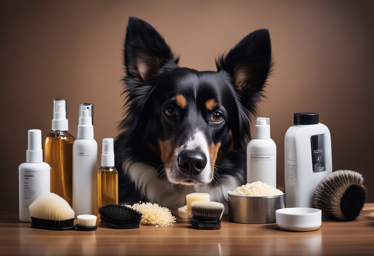 A dog sniffs various grooming products on a table, with bottles and brushes scattered around
