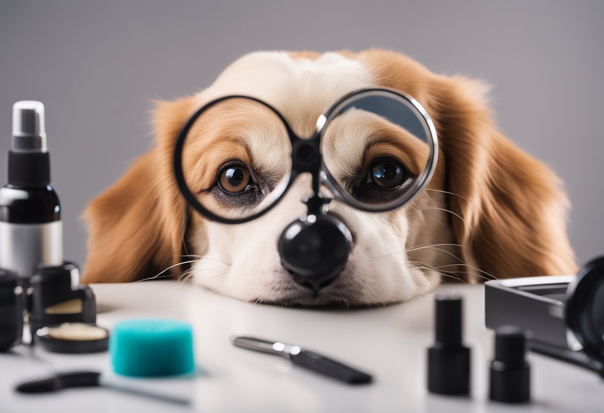 A dog surrounded by grooming products being inspected closely by a magnifying glass