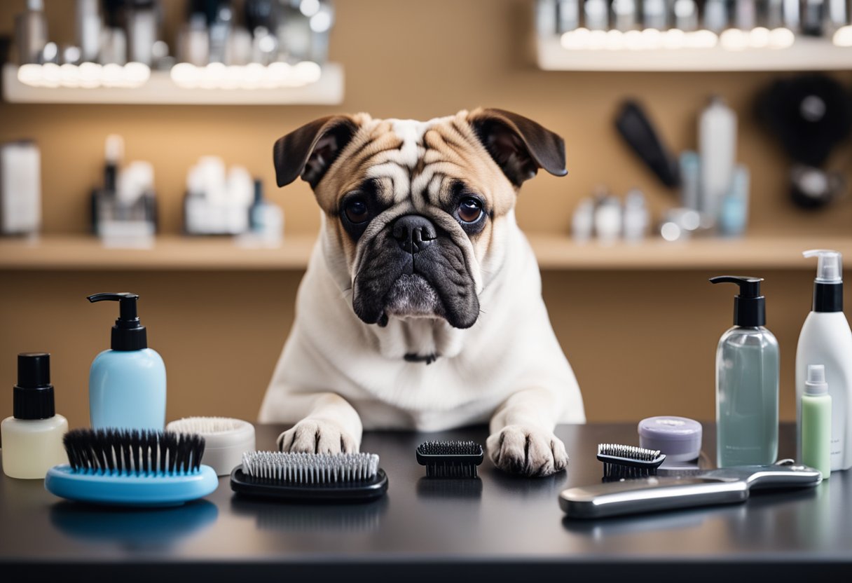 A dog sits on a grooming table surrounded by various grooming products such as shampoos, brushes, and nail clippers. The dog's fur is clean and shiny, and it looks content as it receives a final inspection