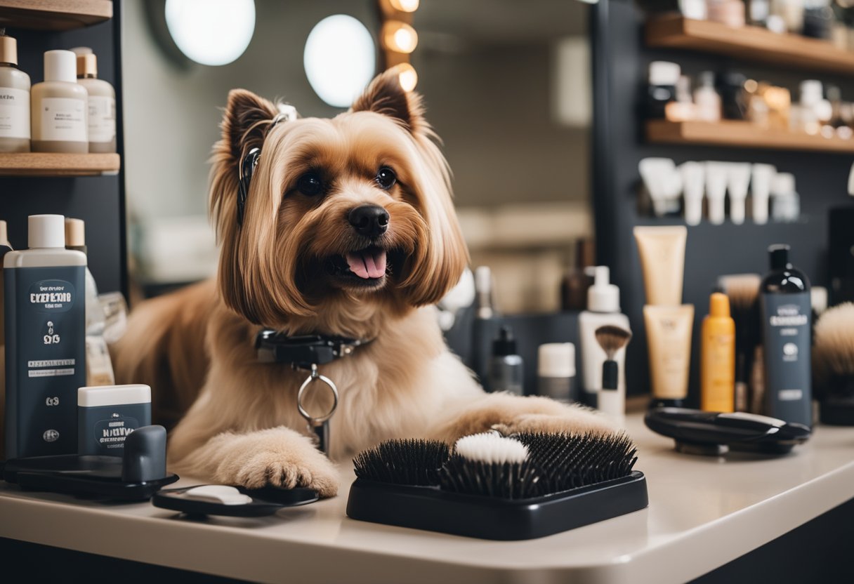 A dog grooming station with various products neatly organized, including brushes, shampoos, and clippers. A dog happily sitting still as it is being groomed