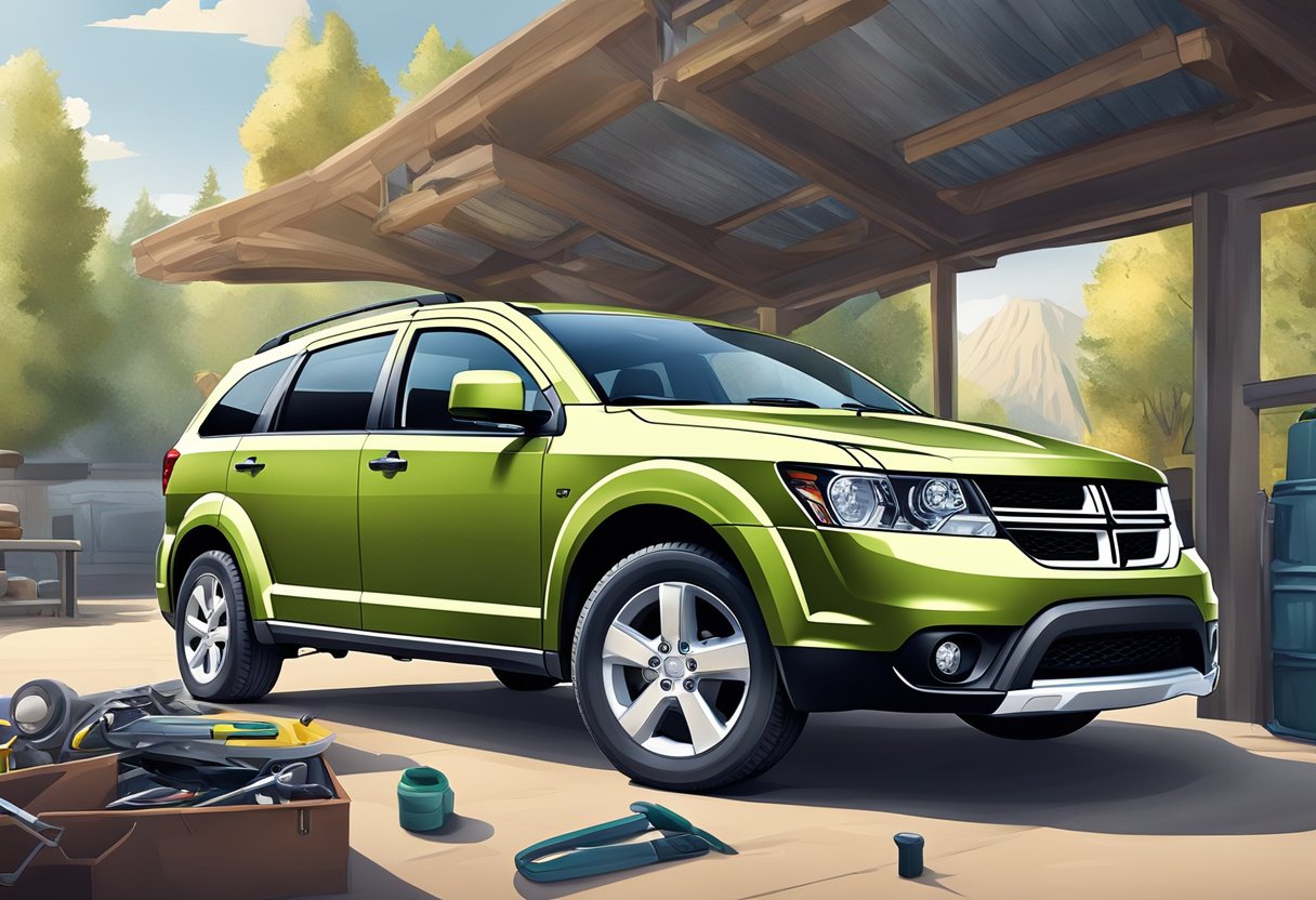 A Dodge Journey with opened dashboard, airbag removed, and mechanic's tools nearby