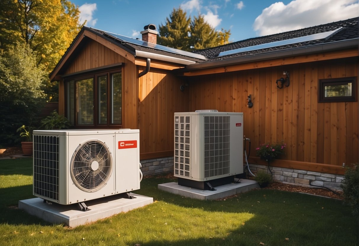 A house with various sizes of heat pumps installed, surrounded by factors such as insulation, climate, and air flow