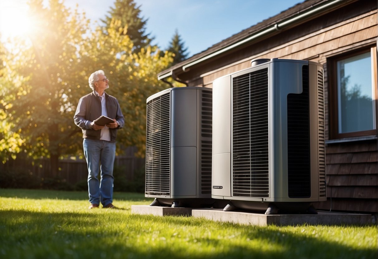 A person stands in front of a house, comparing different types and sizes of heat pumps. The sun is shining, and there are trees and a clear blue sky in the background