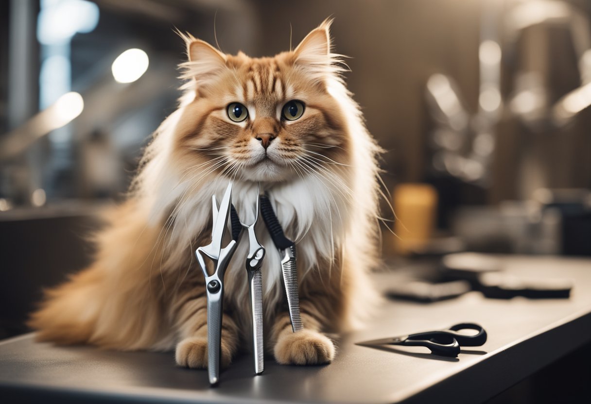 A cat with long hair on its paws, sitting on a grooming table, while a pair of scissors hovers nearby