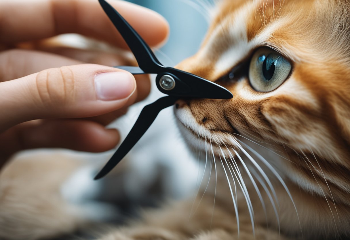 A cat's paw is held gently as small scissors trim the excess hair, creating a neat and tidy appearance