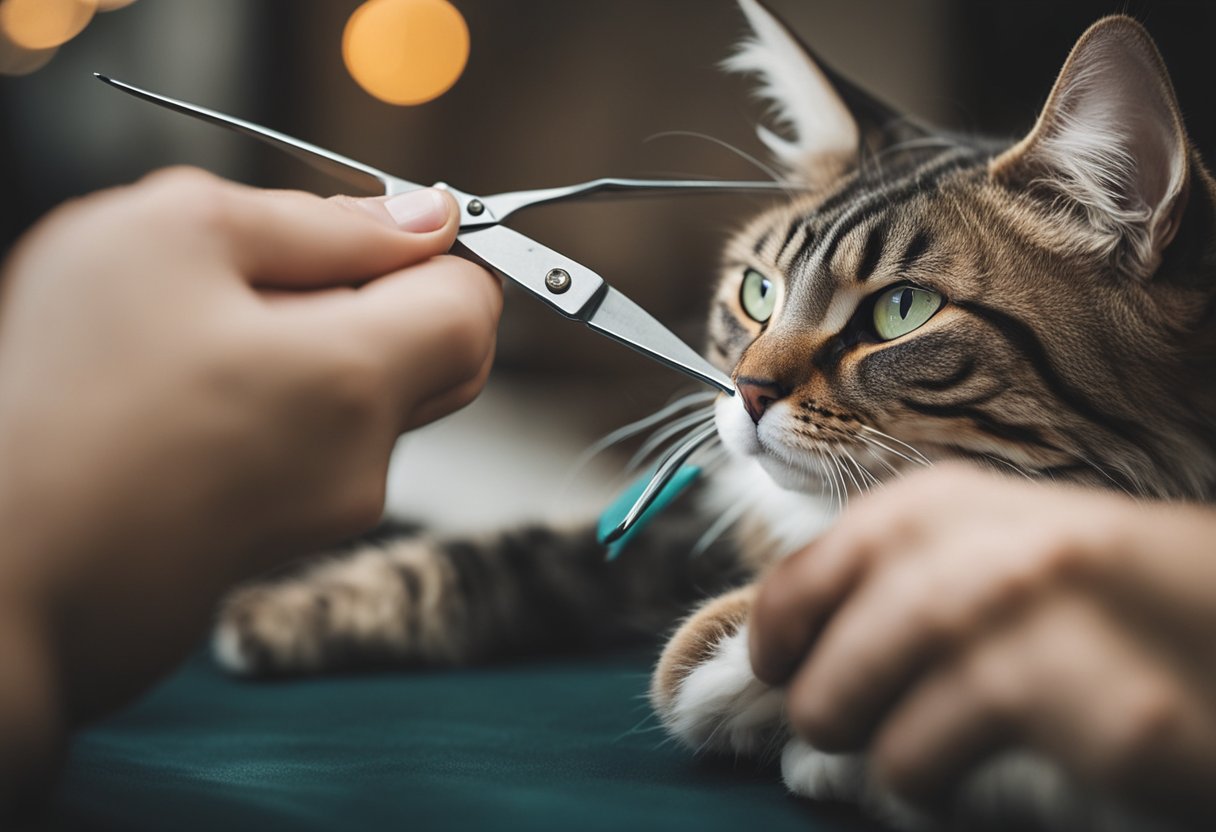 A pair of grooming scissors carefully trims the fur between a cat's delicate paw pads