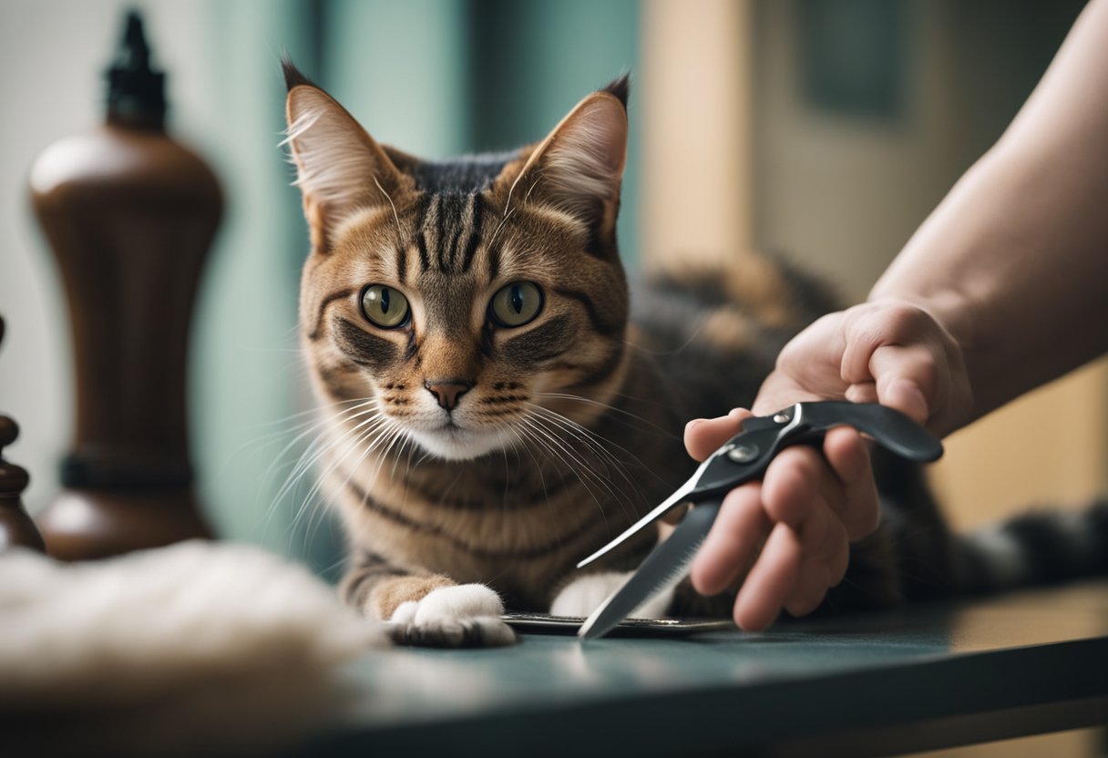 A cat sits on a table, its paws stretched out. Scissors and a comb lay nearby. The cat looks curious as its owner considers trimming its paw hair