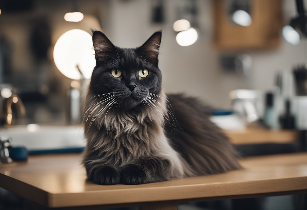 A cat with trimmed paw hair sits on a grooming table. A pair of scissors and a comb are nearby. The cat looks calm and content