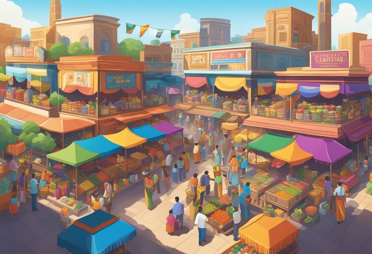 A vibrant market with colorful signs and flags, showcasing Indian and American cultural symbols