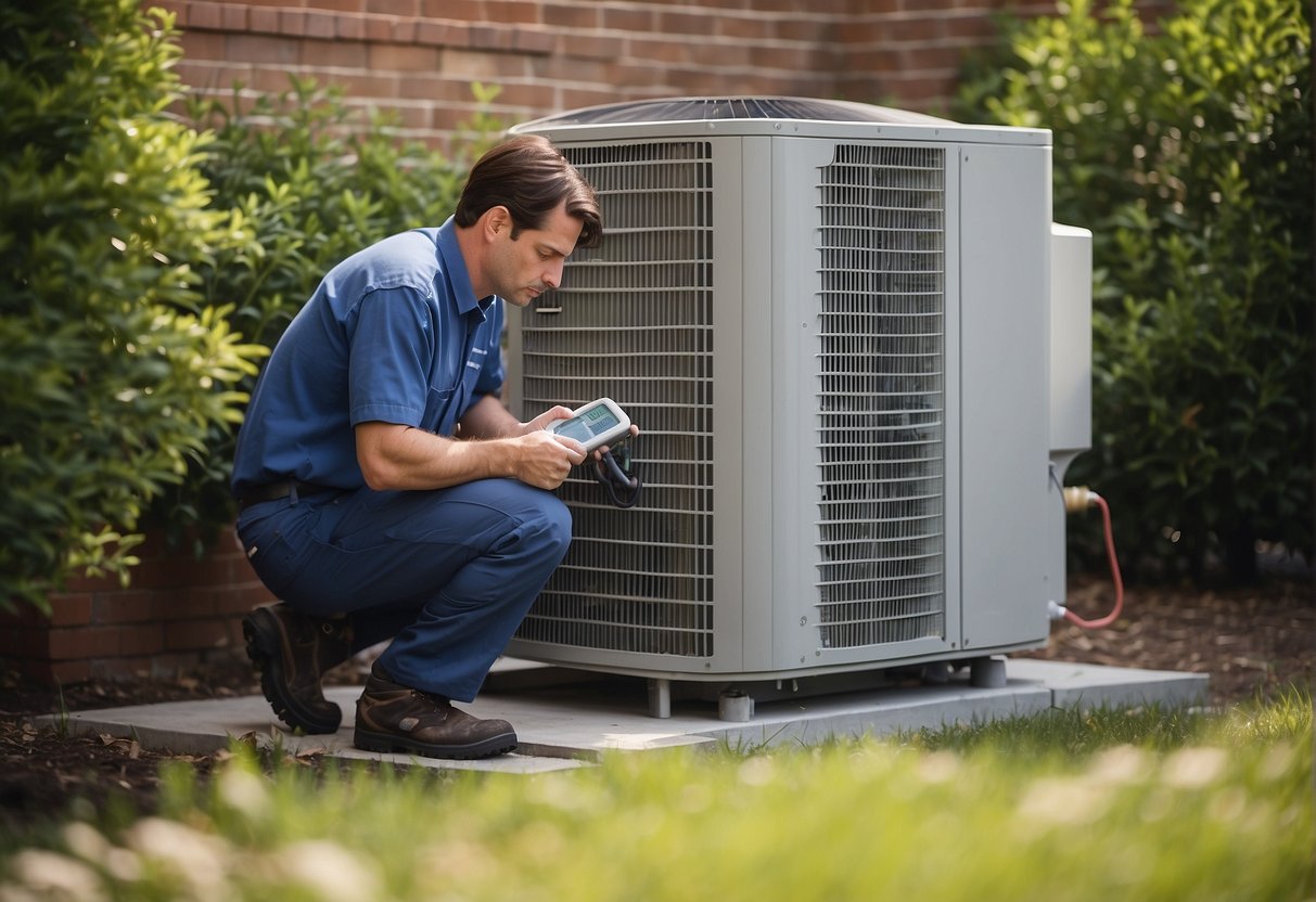 A heat pump system being serviced by a technician, checking filters and inspecting outdoor unit for debris