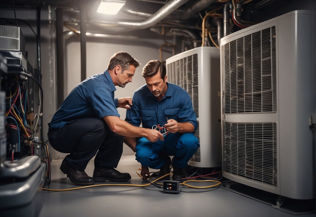 A technician inspects a heat pump, cleaning coils and checking electrical connections for routine maintenance