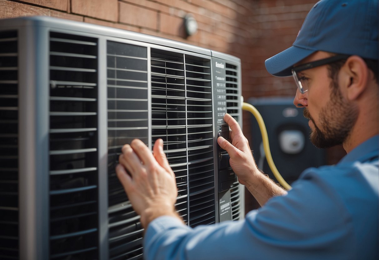 A technician adjusts heat pump settings for optimal efficiency. Outdoor unit is clean and free from debris. Indoor filters are replaced and coils are inspected