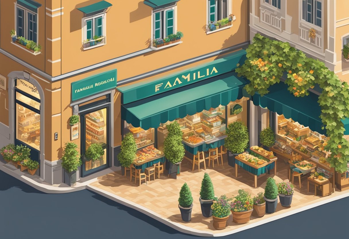 A bustling Italian piazza with a sign displaying "Famiglia Rossi" and "Famiglia Bianchi" above two neighboring shops